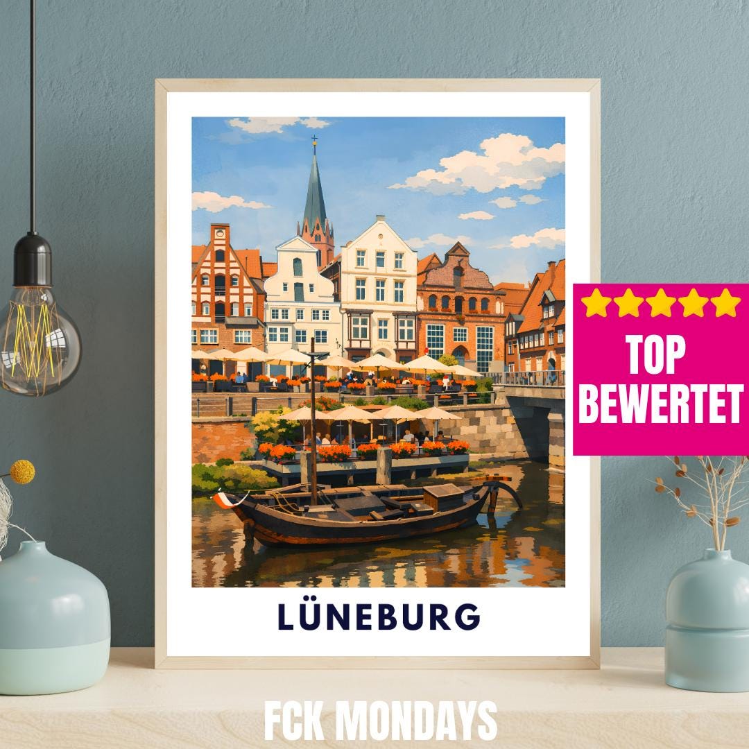 Lüneburg Hafen Poster | Historischer Hafen & Altstadt | Hansestadt Lüneburg Illustration | Stadt Wandbild, Reise Poster Souvenir