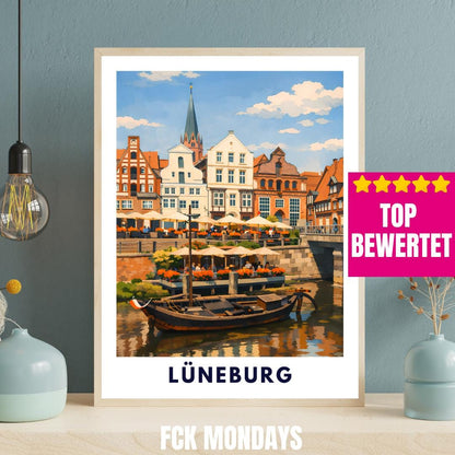 Lüneburg Hafen Poster | Historischer Hafen & Altstadt | Hansestadt Lüneburg Illustration | Stadt Wandbild, Reise Poster Souvenir