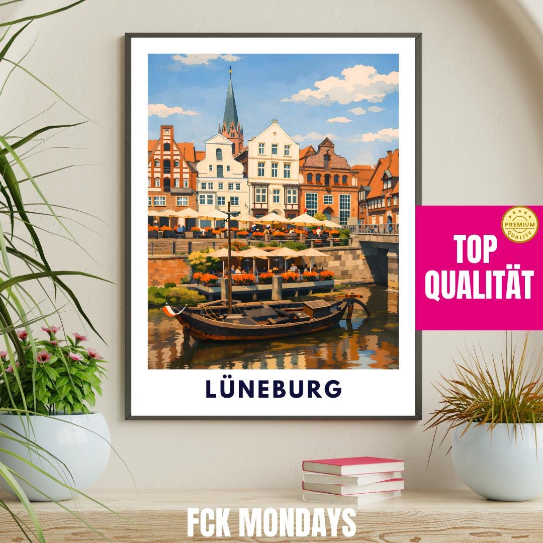 Lüneburg Hafen Poster | Historischer Hafen & Altstadt | Hansestadt Lüneburg Illustration | Stadt Wandbild, Reise Poster Souvenir