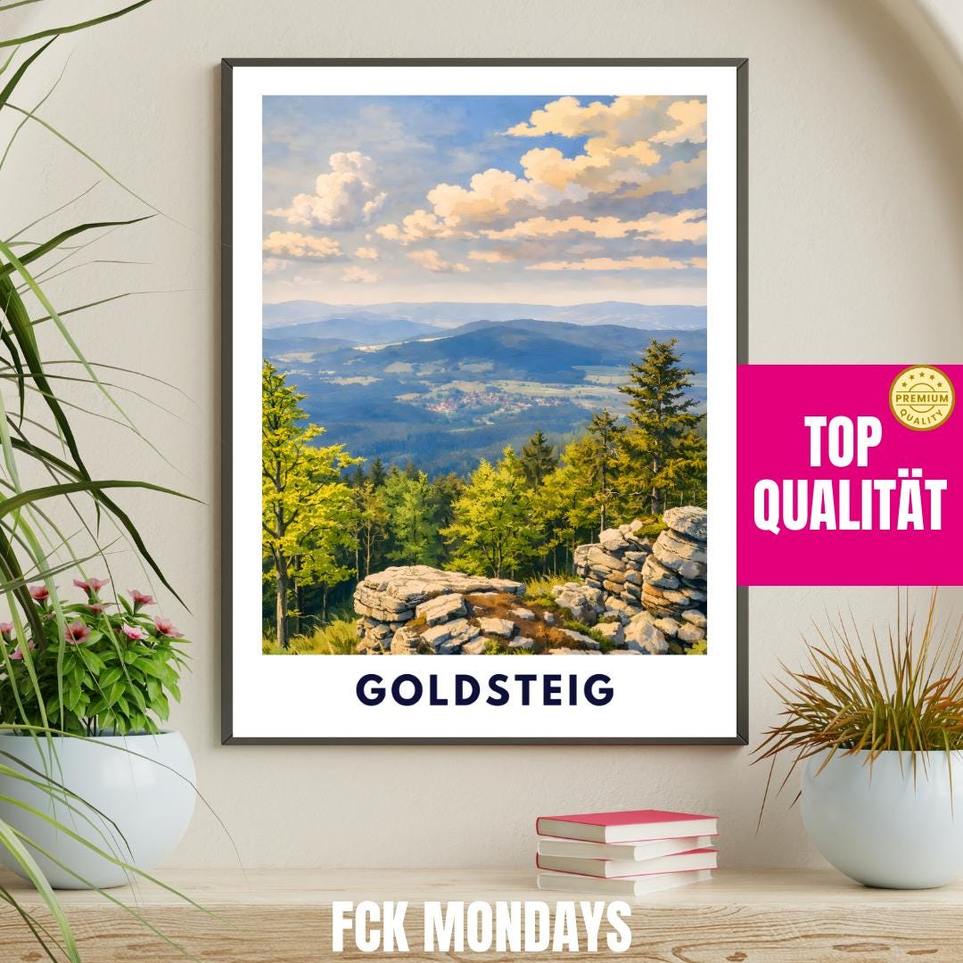 Goldsteig Poster | Wanderweg Bayerischer Wald | Künstlerisches Natur Wandbild | Fernwanderweg Deutschland | Arber, Rachel, Lusen Plakat
