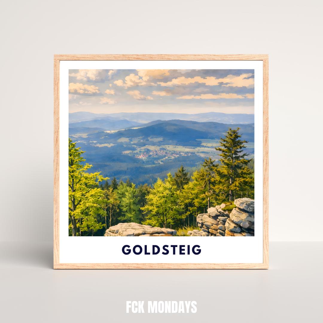 Goldsteig Poster | Wanderweg Bayerischer Wald | Künstlerisches Natur Wandbild | Fernwanderweg Deutschland | Arber, Rachel, Lusen Plakat