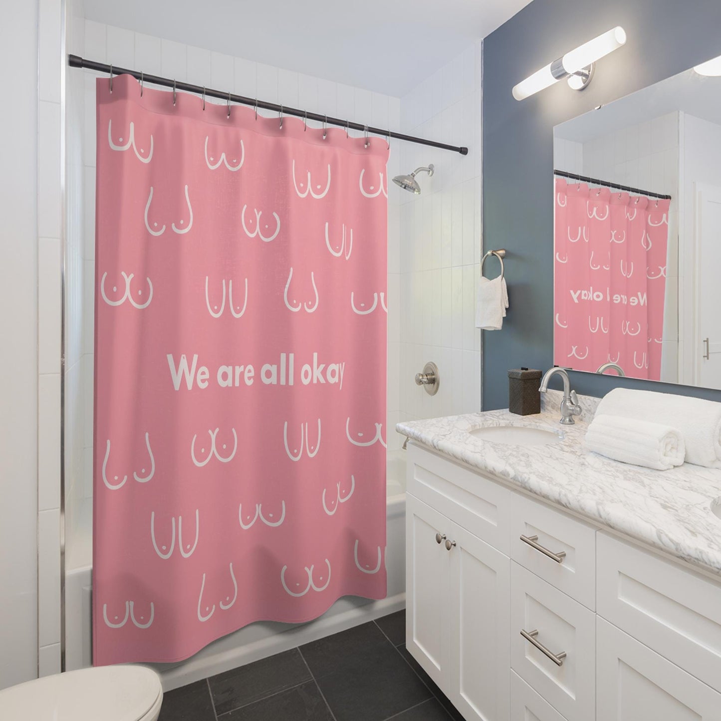 Boobie Shower Curtain | Body Positivity | We Are All Okay | Pink | Feminism | Breast Bathroom Decor | Gift for Women | Empowerment