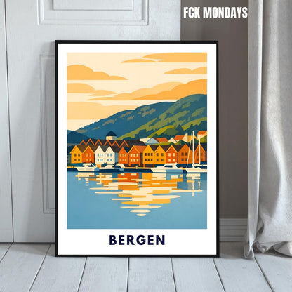Bergen Poster | Norwegen | Bryggen Hafen | Fjord Landschaft Illustration | Skandinavien | Reiseposter | Travel Art | Maritim | Wandbild