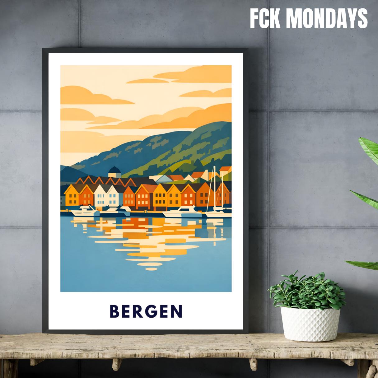 Bergen Poster | Norwegen | Bryggen Hafen | Fjord Landschaft Illustration | Skandinavien | Reiseposter | Travel Art | Maritim | Wandbild