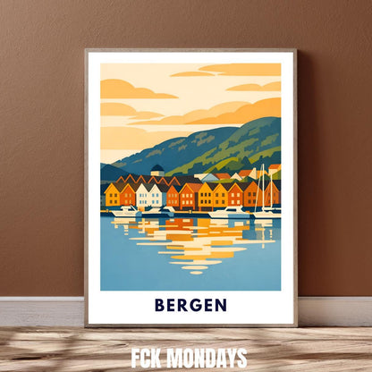Bergen Poster | Norwegen | Bryggen Hafen | Fjord Landschaft Illustration | Skandinavien | Reiseposter | Travel Art | Maritim | Wandbild
