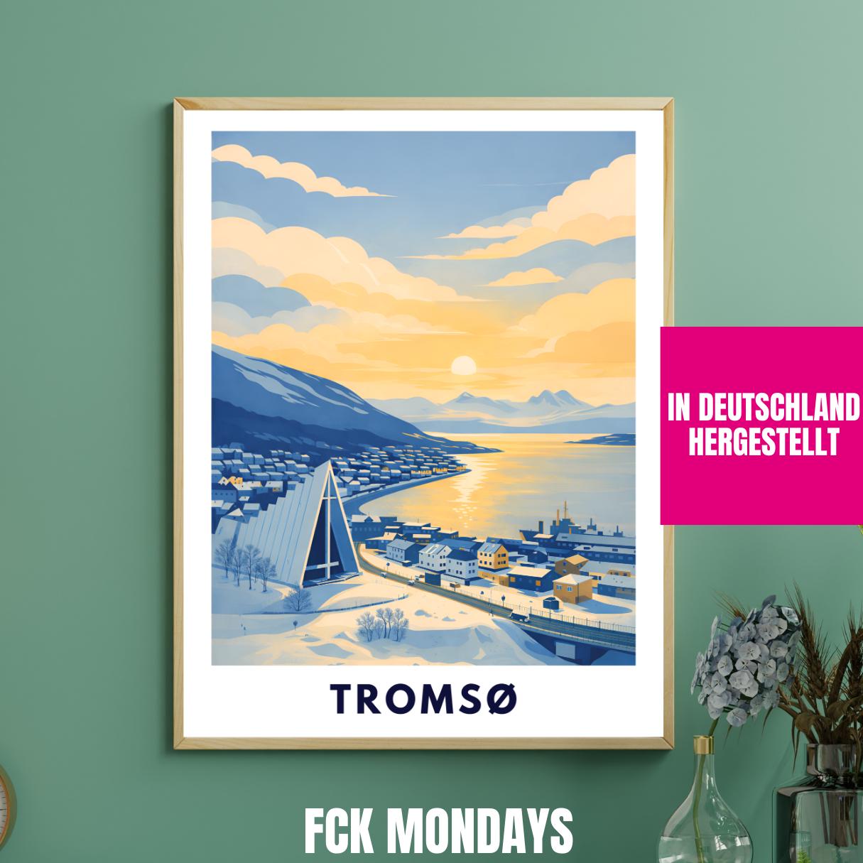 Tromsø Poster | Norway | Arctic Cathedral | Fjord Landscape | Scandinavian Travel Poster | Nordic Wall Art | Minimalist Illustration
