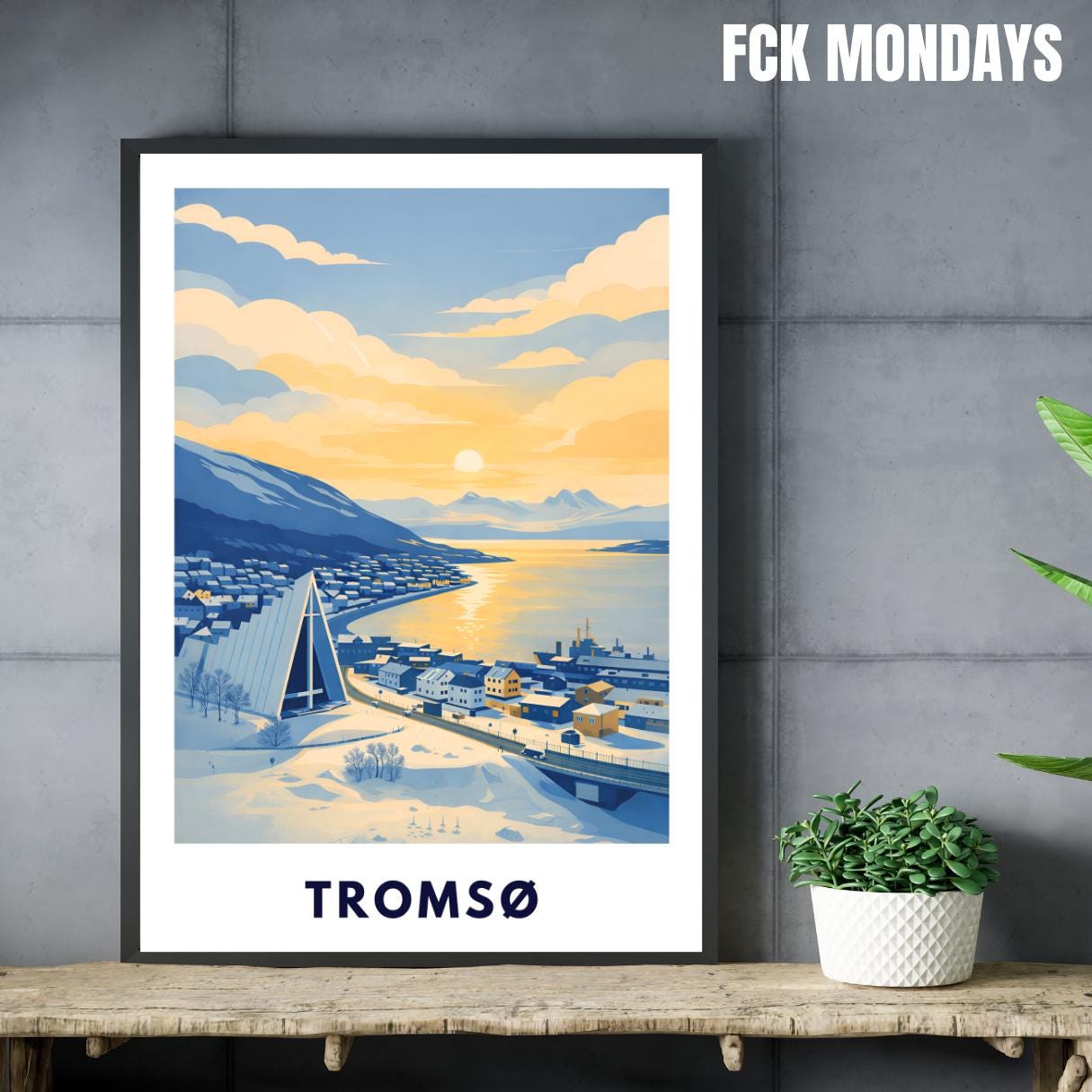Tromsø Poster | Norway | Arctic Cathedral | Fjord Landscape | Scandinavian Travel Poster | Nordic Wall Art | Minimalist Illustration