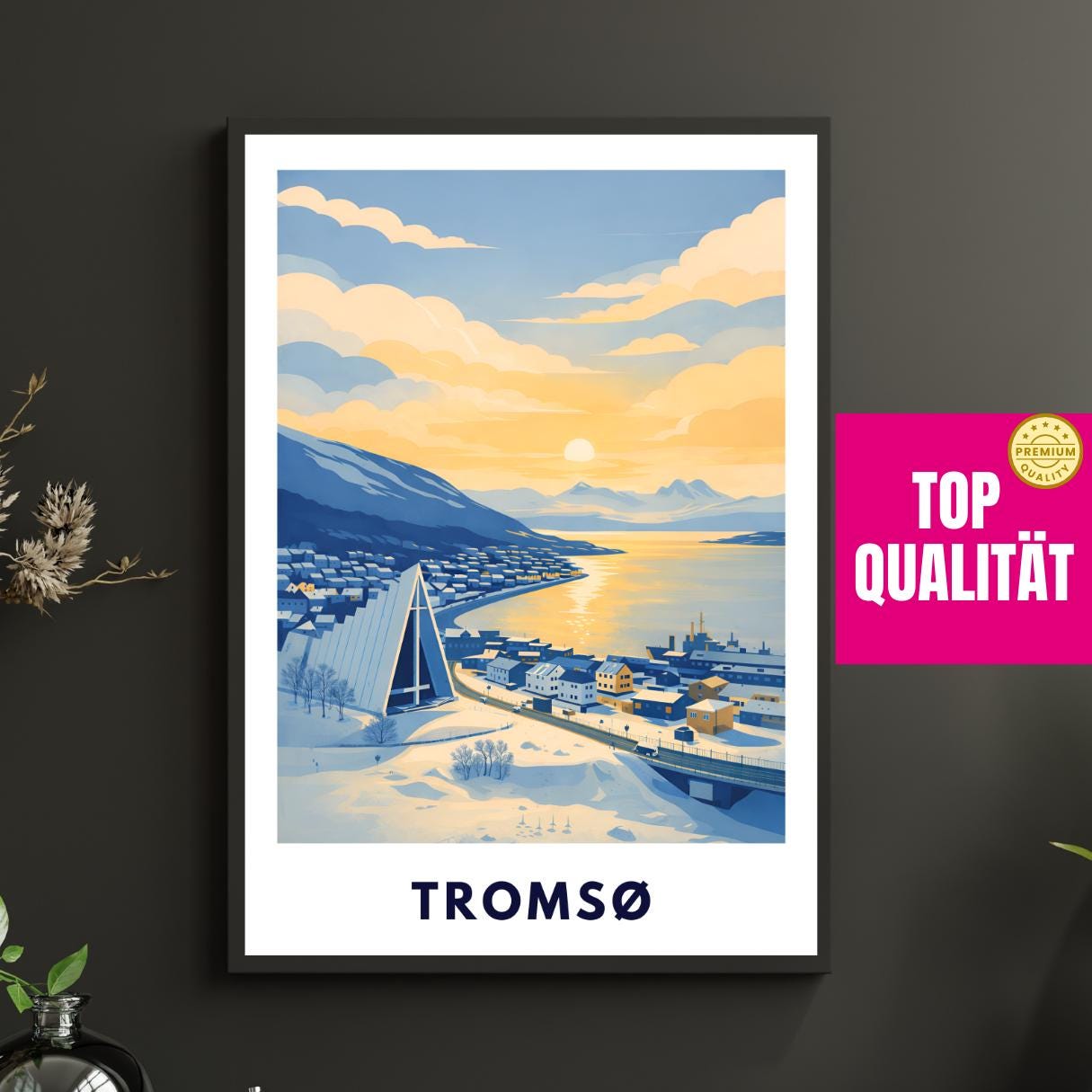 Tromsø Poster | Norway | Arctic Cathedral | Fjord Landscape | Scandinavian Travel Poster | Nordic Wall Art | Minimalist Illustration