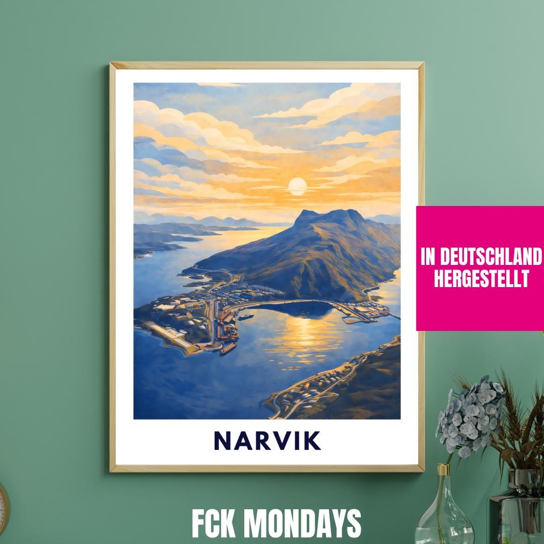 Narvik Norway Poster | Fjord Landscape | Ofotfjord | Hurtigruten Cruise | Scandinavian Travel Art | Nordic Wall Decor