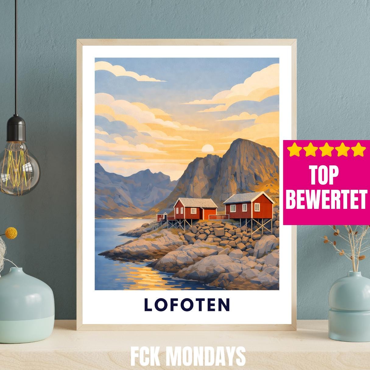 Lofoten Poster | Norwegen | Rorbuer Hütten | Reine Hamnøy | Fjord Landschaft | Hurtigruten | Skandinavien | Reiseposter Nordic Art
