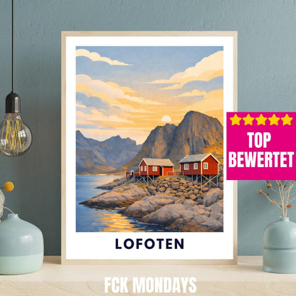 Lofoten Poster | Norwegen | Rorbuer Hütten | Reine Hamnøy | Fjord Landschaft | Hurtigruten | Skandinavien | Reiseposter Nordic Art