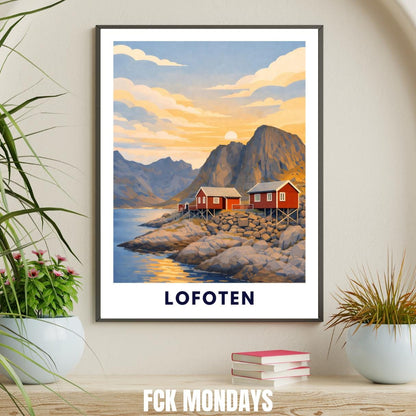 Lofoten Poster | Norwegen | Rorbuer Hütten | Reine Hamnøy | Fjord Landschaft | Hurtigruten | Skandinavien | Reiseposter Nordic Art