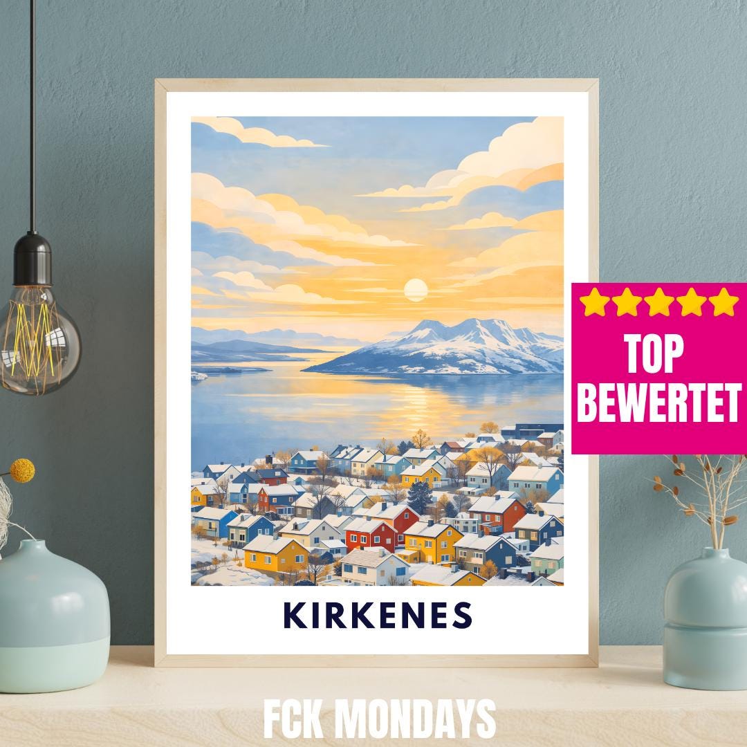 Kirkenes Poster | Norway | Arctic Fjord Town | Hurtigruten End Port | Barents Sea | Scandinavian Travel Poster | Nordic Wall Art Print