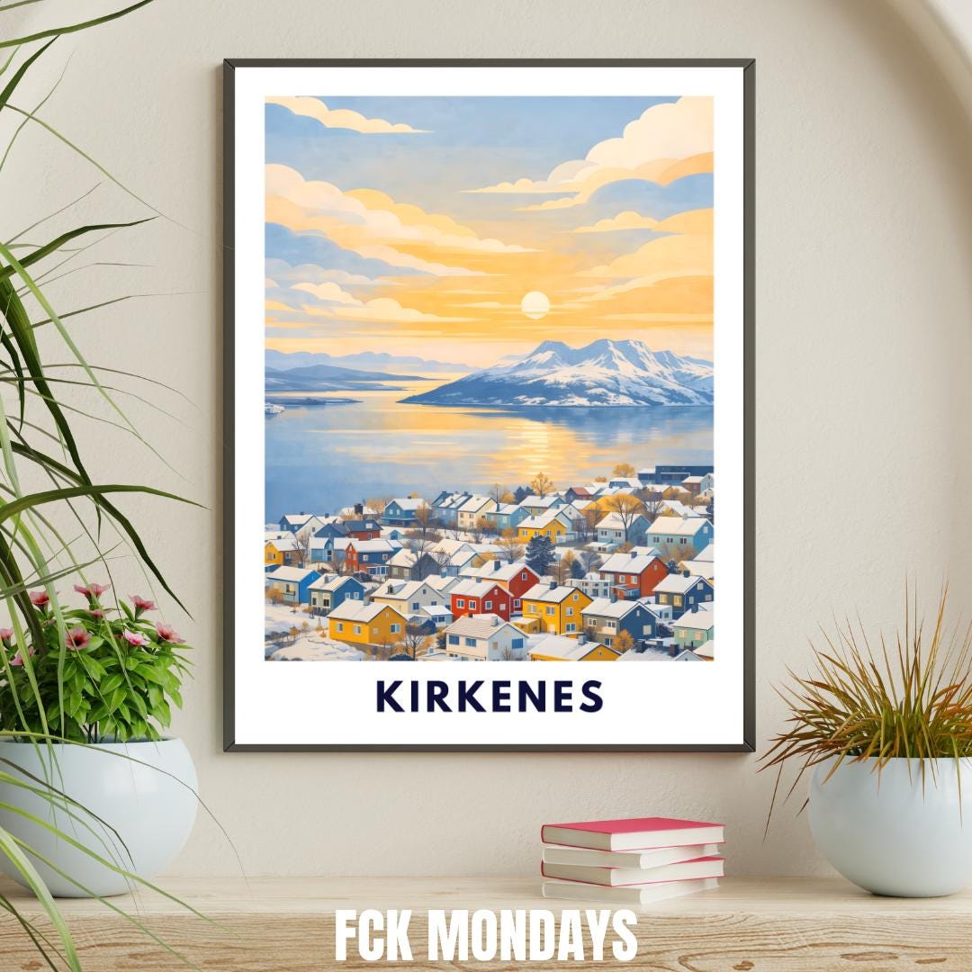 Kirkenes Poster | Norway | Arctic Fjord Town | Hurtigruten End Port | Barents Sea | Scandinavian Travel Poster | Nordic Wall Art Print