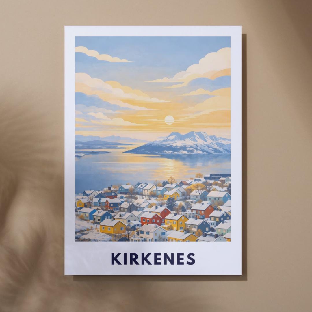 Kirkenes Poster | Norway | Arctic Fjord Town | Hurtigruten End Port | Barents Sea | Scandinavian Travel Poster | Nordic Wall Art Print