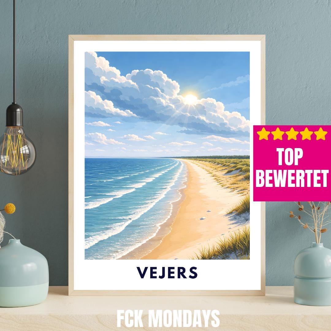 Vejers Beach Poster | Denmark | North Sea Coast | Dune Landscape | Summer Ocean | Travel Poster | Coastal Wall Art | Scandinavian Decor