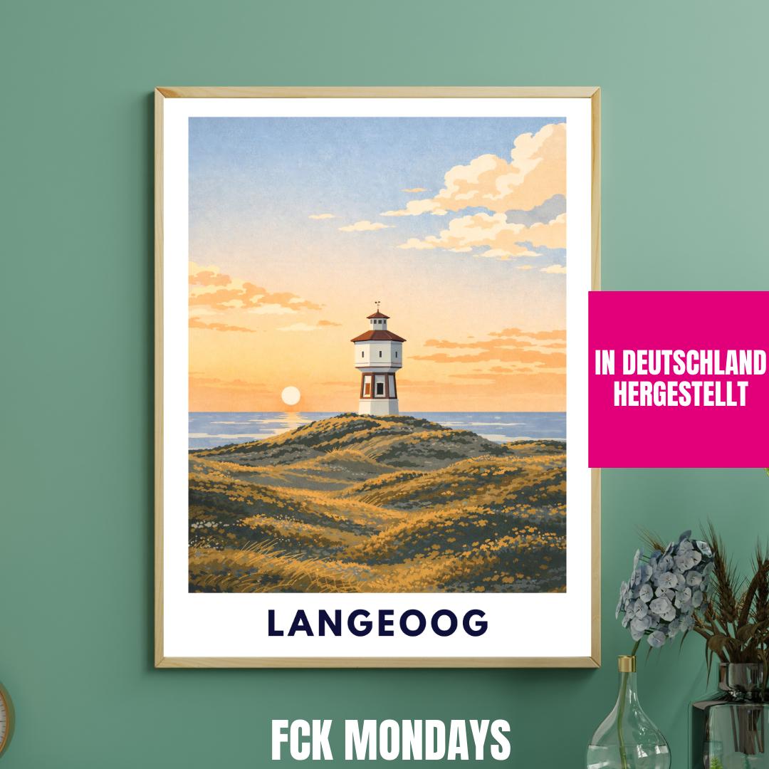 Langeoog Wasserturm Poster | Langeoog Sanddünen Sonnenuntergang | Poster Ostfriesische Inseln | Nordseeinsel Wattenmeer Nationalpark