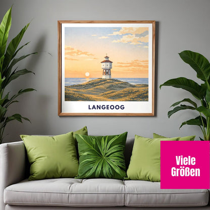 Langeoog Wasserturm Poster | Langeoog Sanddünen Sonnenuntergang | Poster Ostfriesische Inseln | Nordseeinsel Wattenmeer Nationalpark
