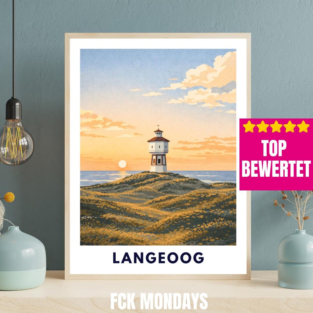 Langeoog Wasserturm Poster | Langeoog Sanddünen Sonnenuntergang | Poster Ostfriesische Inseln | Nordseeinsel Wattenmeer Nationalpark