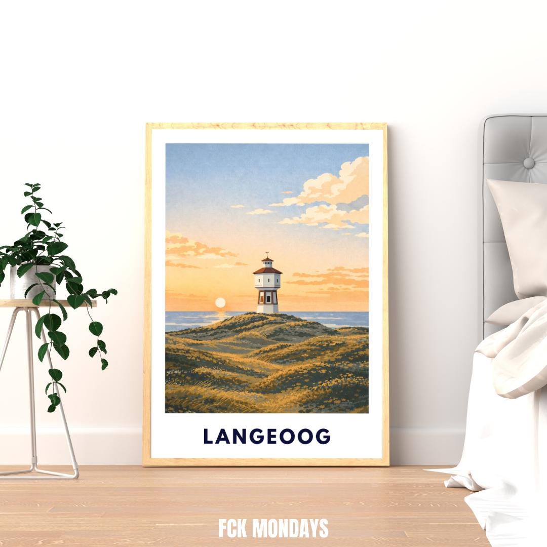 Langeoog Wasserturm Poster | Langeoog Sanddünen Sonnenuntergang | Poster Ostfriesische Inseln | Nordseeinsel Wattenmeer Nationalpark