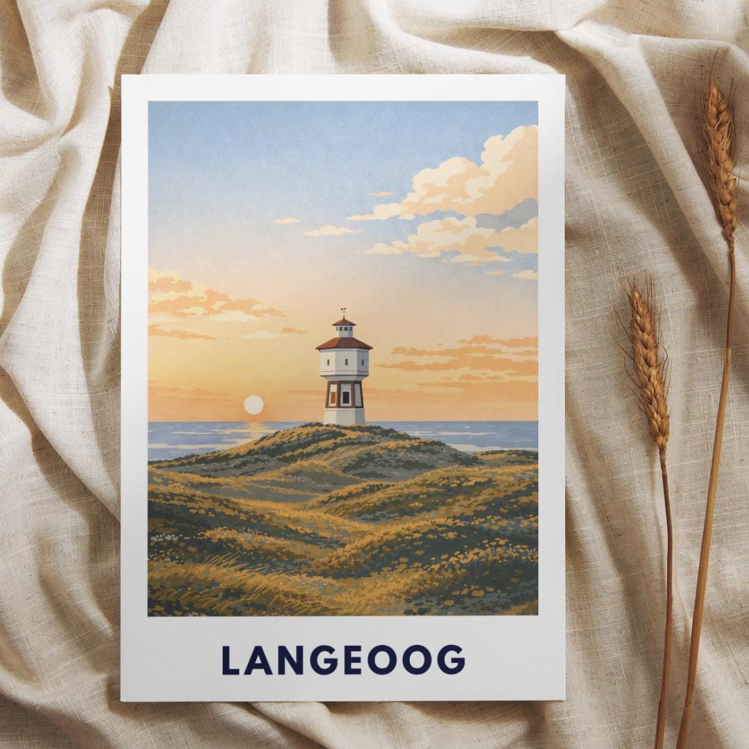 Langeoog Wasserturm Poster | Langeoog Sanddünen Sonnenuntergang | Poster Ostfriesische Inseln | Nordseeinsel Wattenmeer Nationalpark