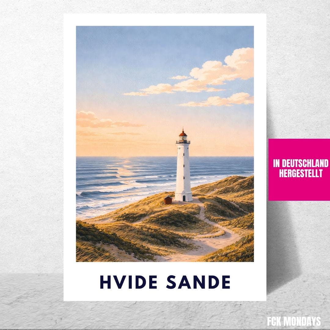 Hvide Sande Poster | Lyngvig Fyr Lighthouse | North Sea Dunes Wall Art | Denmark Coast | Scandinavian Travel Poster | Minimal Art Print
