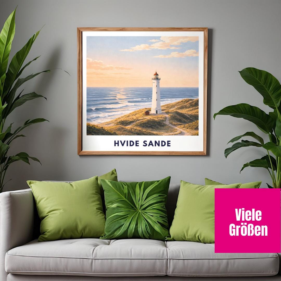 Hvide Sande Poster | Lyngvig Fyr Lighthouse | North Sea Dunes Wall Art | Denmark Coast | Scandinavian Travel Poster | Minimal Art Print