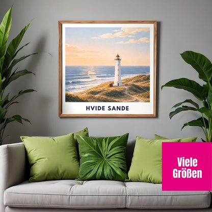 Hvide Sande Poster | Lyngvig Fyr Lighthouse | North Sea Dunes Wall Art | Denmark Coast | Scandinavian Travel Poster | Minimal Art Print