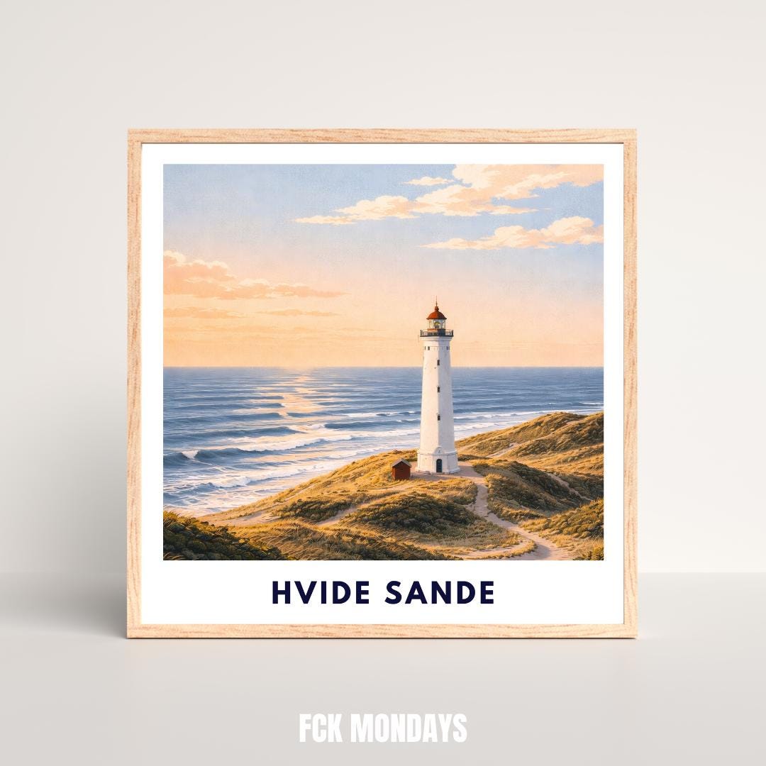 Hvide Sande Poster | Lyngvig Fyr Lighthouse | North Sea Dunes Wall Art | Denmark Coast | Scandinavian Travel Poster | Minimal Art Print