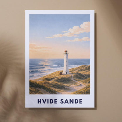 Hvide Sande Poster | Lyngvig Fyr Lighthouse | North Sea Dunes Wall Art | Denmark Coast | Scandinavian Travel Poster | Minimal Art Print