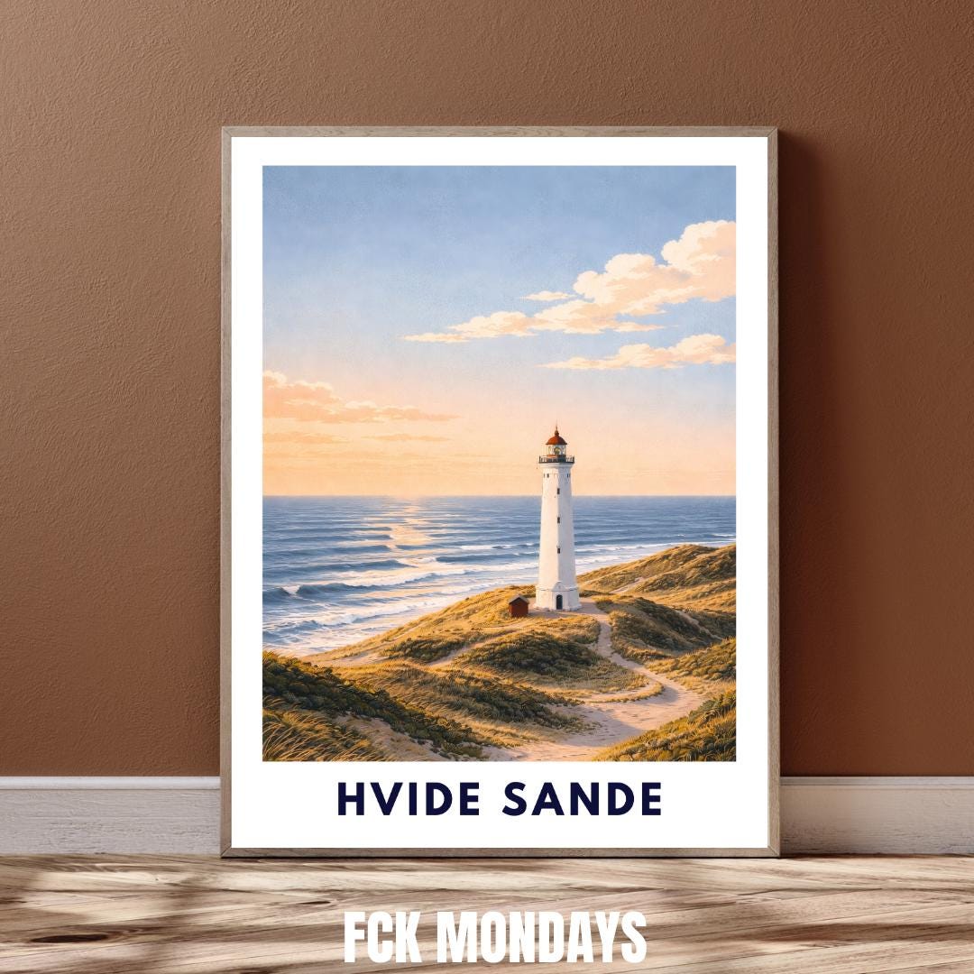 Hvide Sande Poster | Lyngvig Fyr Lighthouse | North Sea Dunes Wall Art | Denmark Coast | Scandinavian Travel Poster | Minimal Art Print