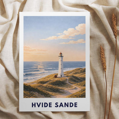 Hvide Sande Poster | Lyngvig Fyr Lighthouse | North Sea Dunes Wall Art | Denmark Coast | Scandinavian Travel Poster | Minimal Art Print
