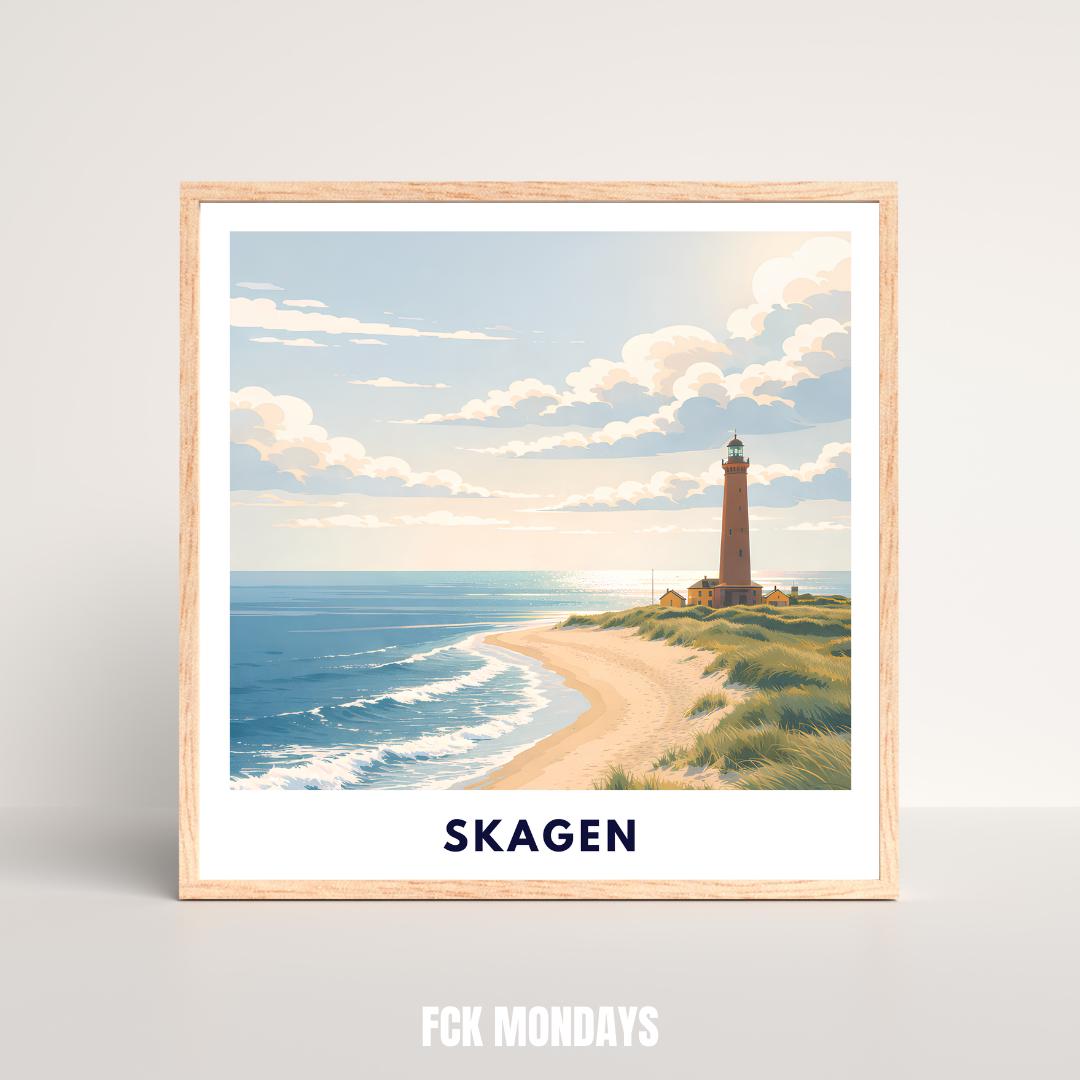 Skagen Poster | Skagen Fyr Lighthouse | Danish North Sea Dunes & Beach | Grenen Coast Denmark | Scandinavian Travel Wall Art | Minimal Print
