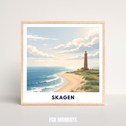 Skagen Poster | Skagen Fyr Lighthouse | Danish North Sea Dunes & Beach | Grenen Coast Denmark | Scandinavian Travel Wall Art | Minimal Print