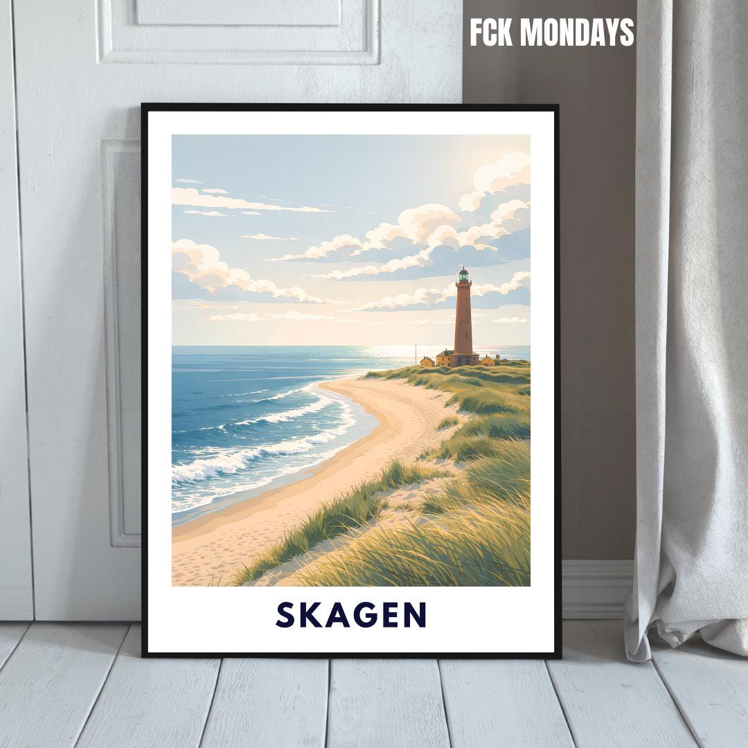 Skagen Poster | Skagen Fyr Lighthouse | Danish North Sea Dunes & Beach | Grenen Coast Denmark | Scandinavian Travel Wall Art | Minimal Print