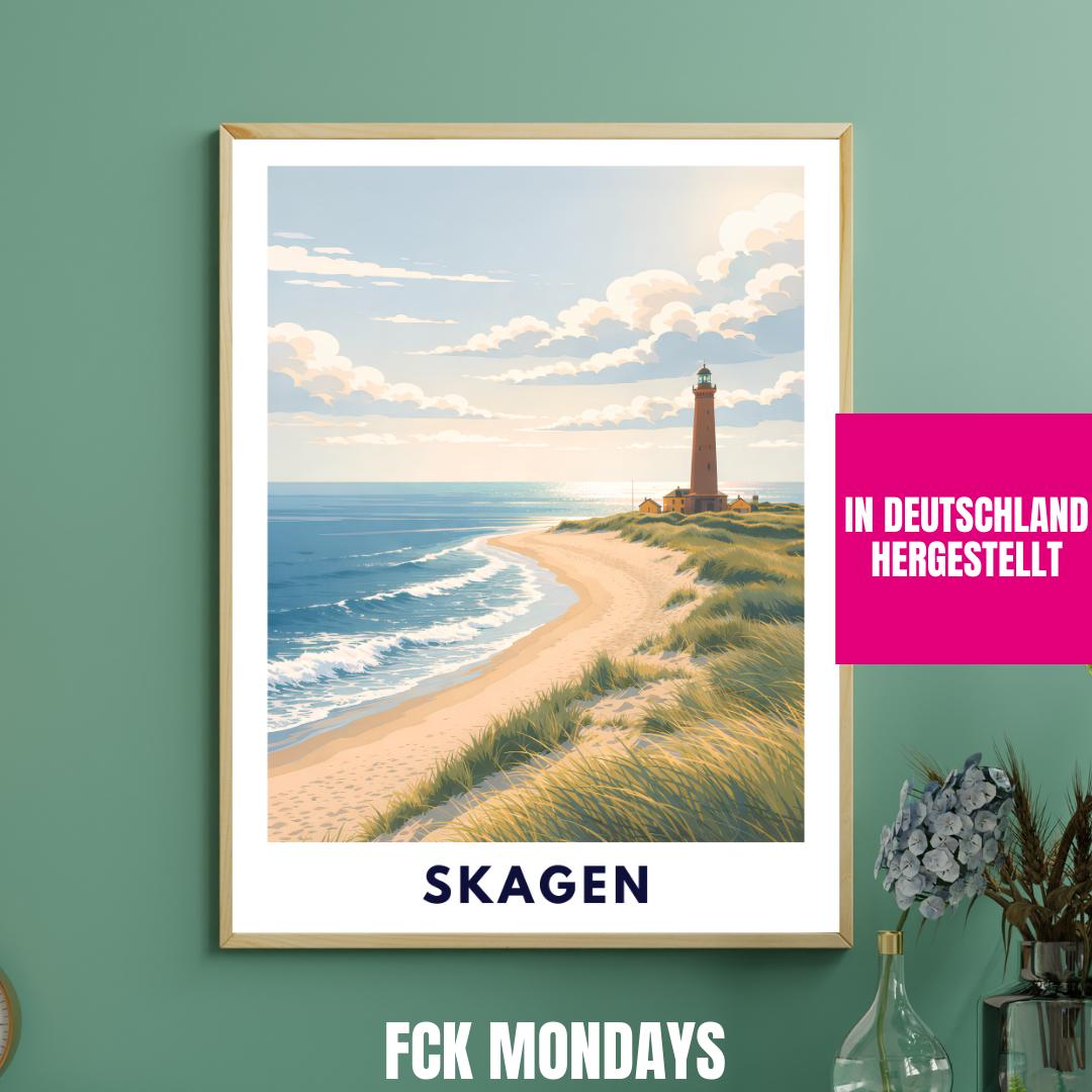Skagen Poster | Skagen Fyr Lighthouse | Danish North Sea Dunes & Beach | Grenen Coast Denmark | Scandinavian Travel Wall Art | Minimal Print