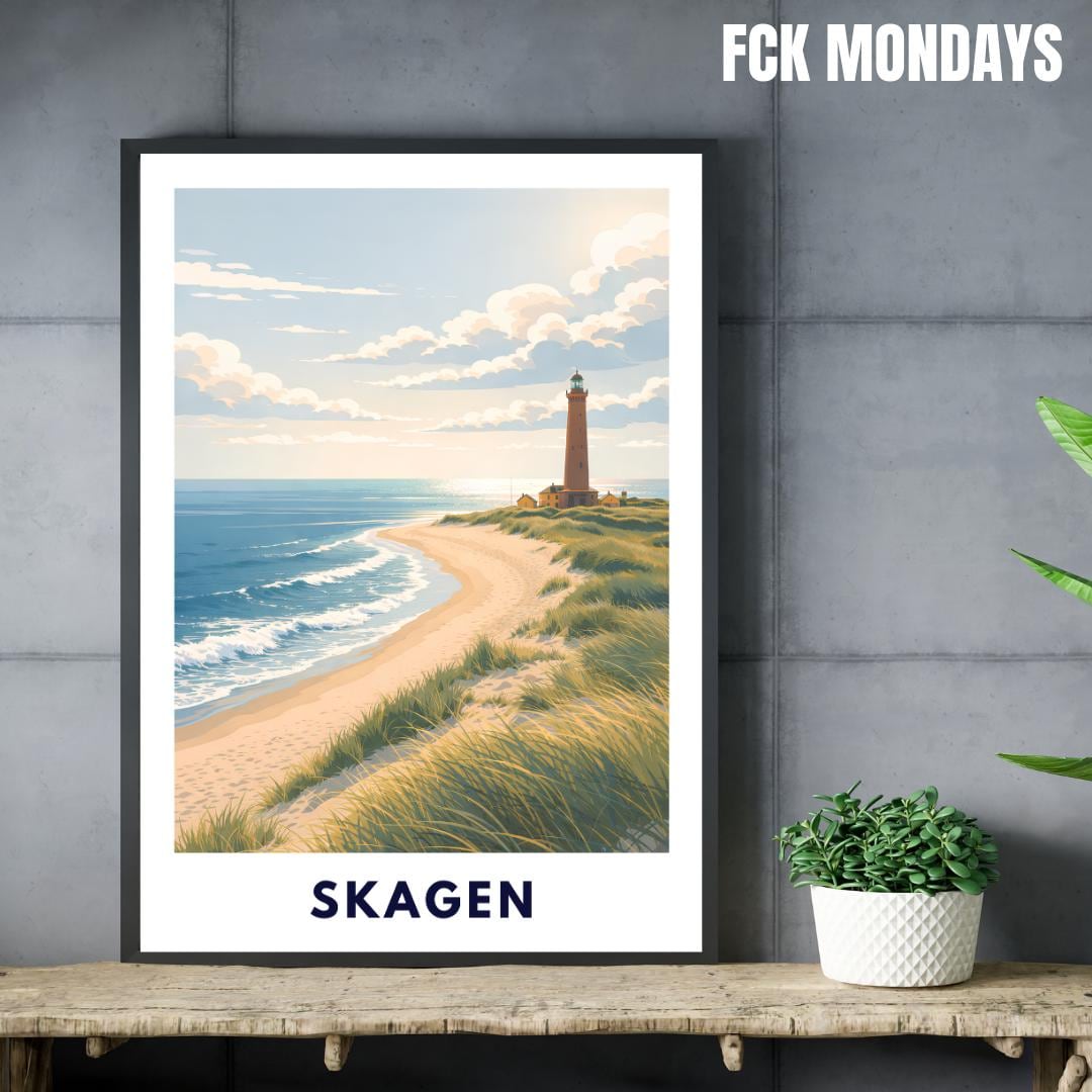Skagen Poster | Skagen Fyr Lighthouse | Danish North Sea Dunes & Beach | Grenen Coast Denmark | Scandinavian Travel Wall Art | Minimal Print