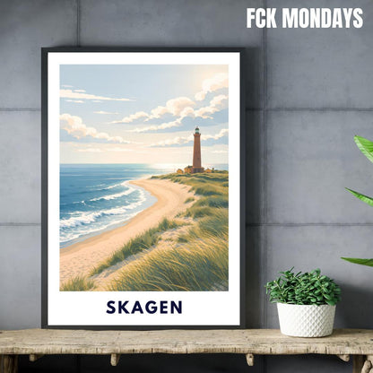 Skagen Poster | Skagen Fyr Lighthouse | Danish North Sea Dunes & Beach | Grenen Coast Denmark | Scandinavian Travel Wall Art | Minimal Print