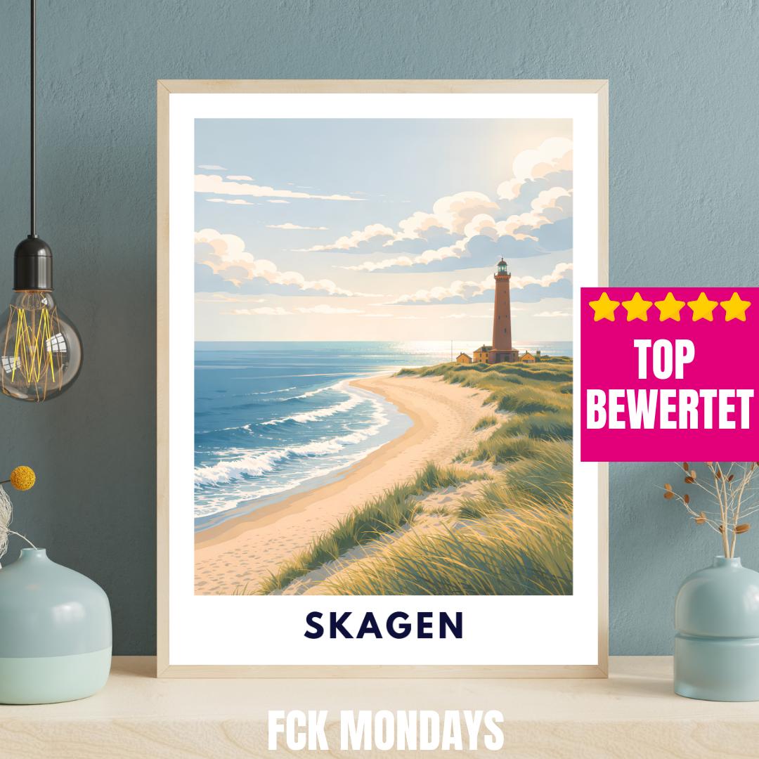 Skagen Poster | Skagen Fyr Lighthouse | Danish North Sea Dunes & Beach | Grenen Coast Denmark | Scandinavian Travel Wall Art | Minimal Print