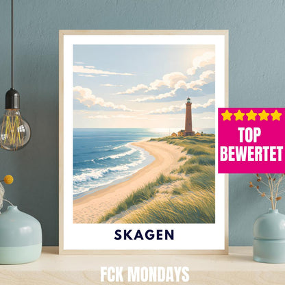 Skagen Poster | Skagen Fyr Lighthouse | Danish North Sea Dunes & Beach | Grenen Coast Denmark | Scandinavian Travel Wall Art | Minimal Print