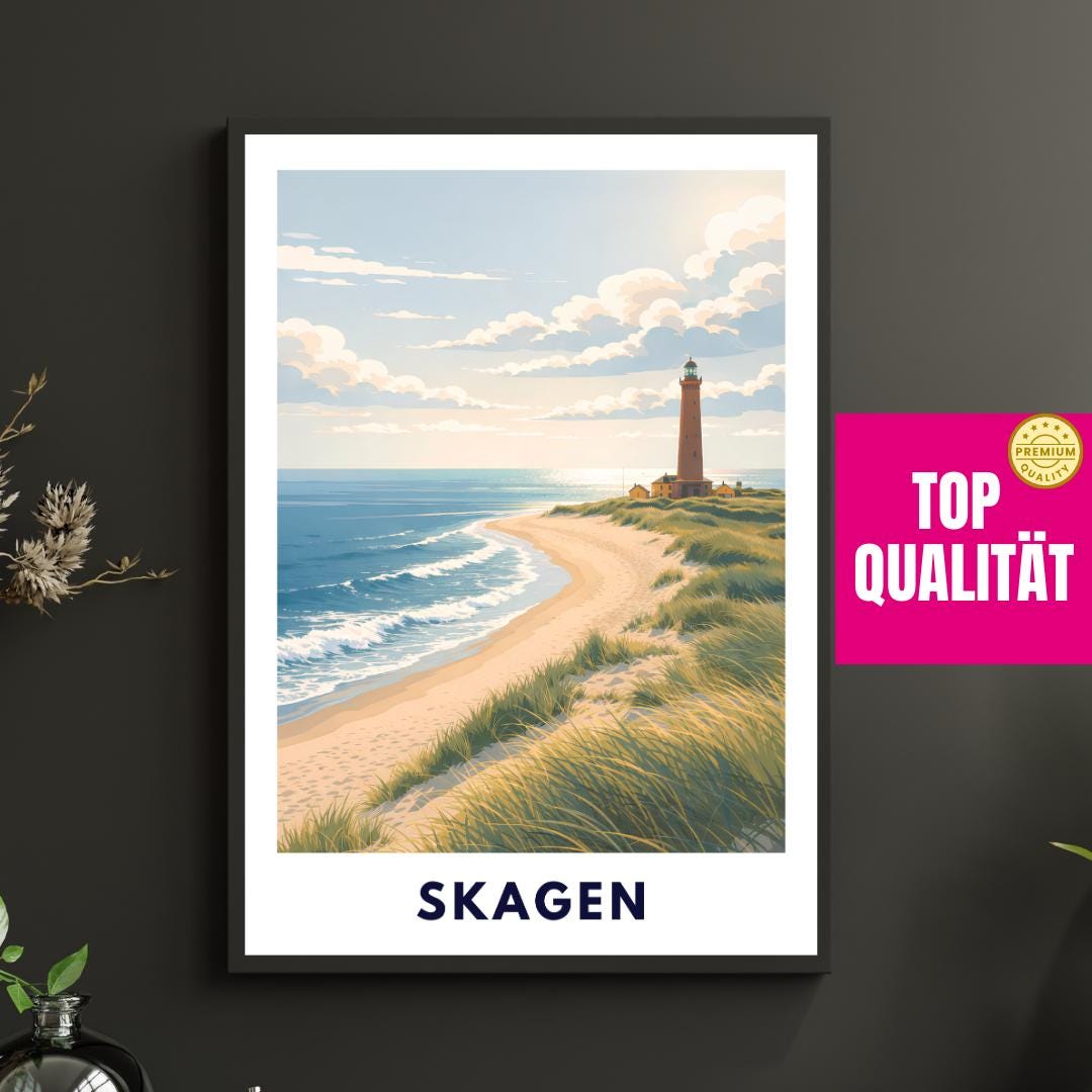 Skagen Poster | Skagen Fyr Lighthouse | Danish North Sea Dunes & Beach | Grenen Coast Denmark | Scandinavian Travel Wall Art | Minimal Print