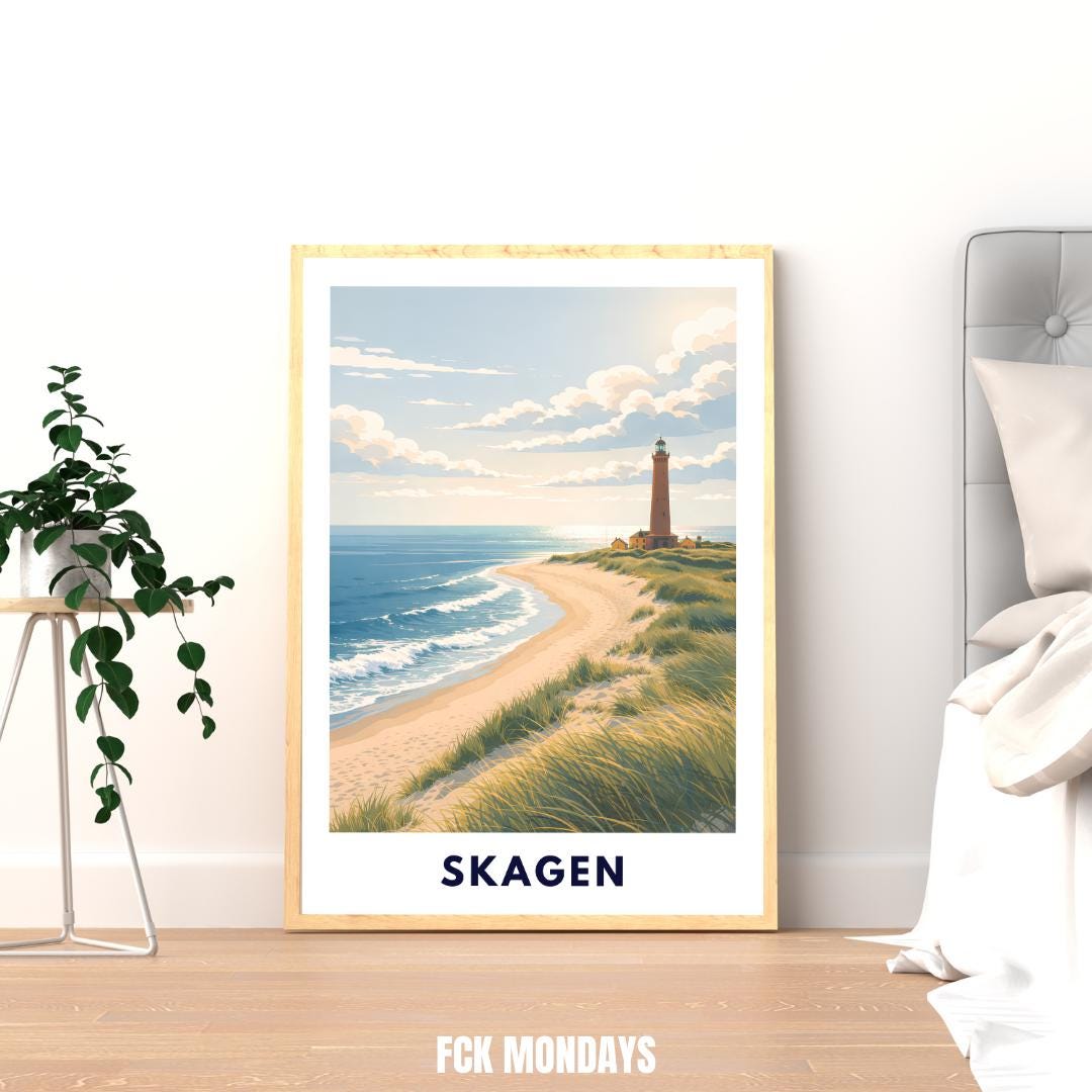Skagen Poster | Skagen Fyr Lighthouse | Danish North Sea Dunes & Beach | Grenen Coast Denmark | Scandinavian Travel Wall Art | Minimal Print