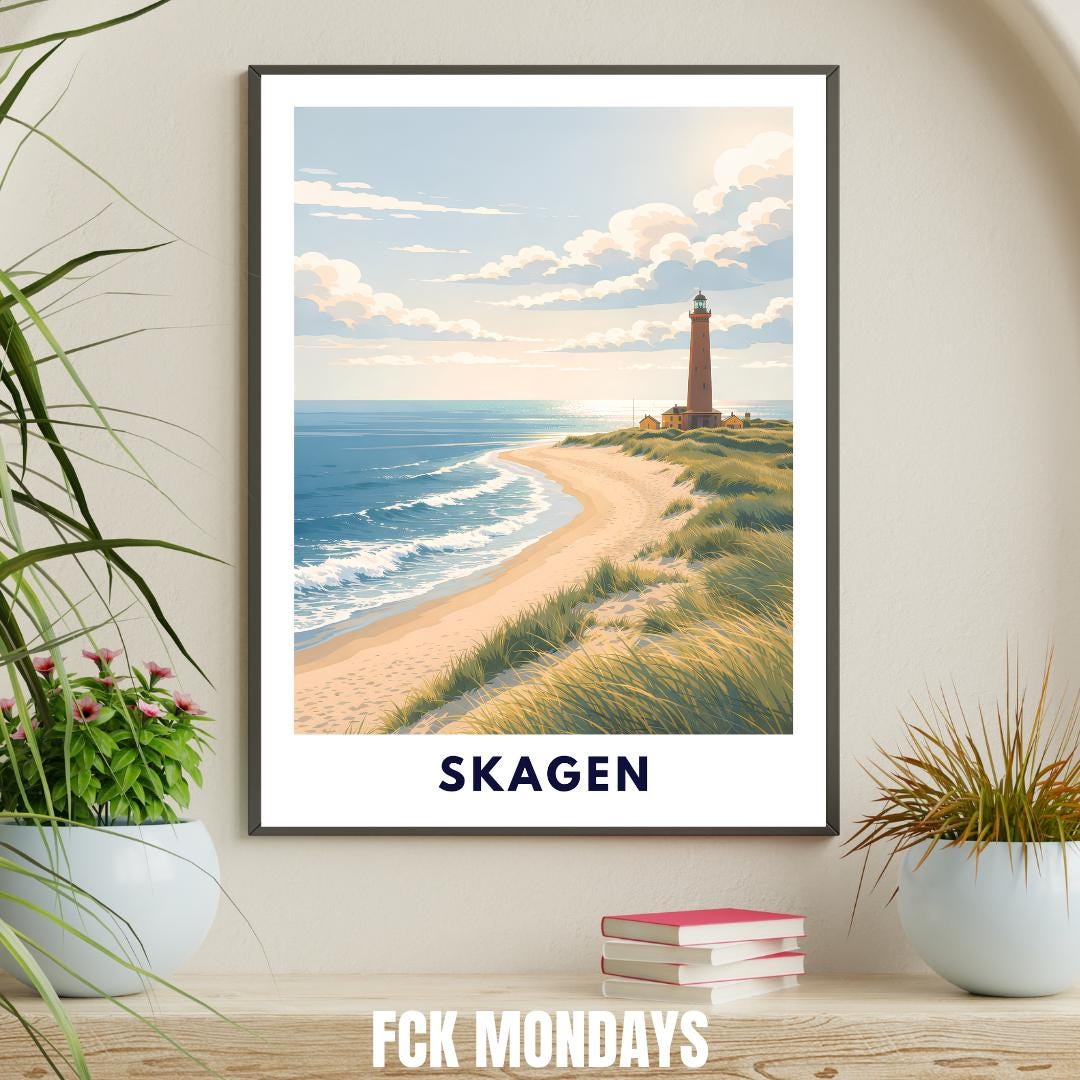 Skagen Poster | Skagen Fyr Lighthouse | Danish North Sea Dunes & Beach | Grenen Coast Denmark | Scandinavian Travel Wall Art | Minimal Print