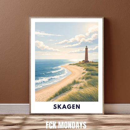 Skagen Poster | Skagen Fyr Lighthouse | Danish North Sea Dunes & Beach | Grenen Coast Denmark | Scandinavian Travel Wall Art | Minimal Print