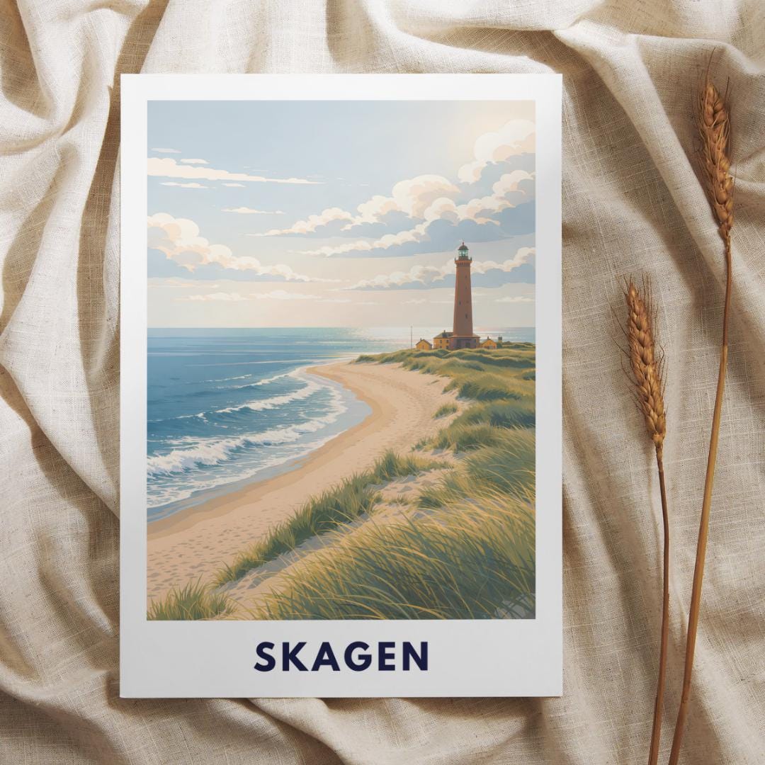 Skagen Poster | Skagen Fyr Lighthouse | Danish North Sea Dunes & Beach | Grenen Coast Denmark | Scandinavian Travel Wall Art | Minimal Print