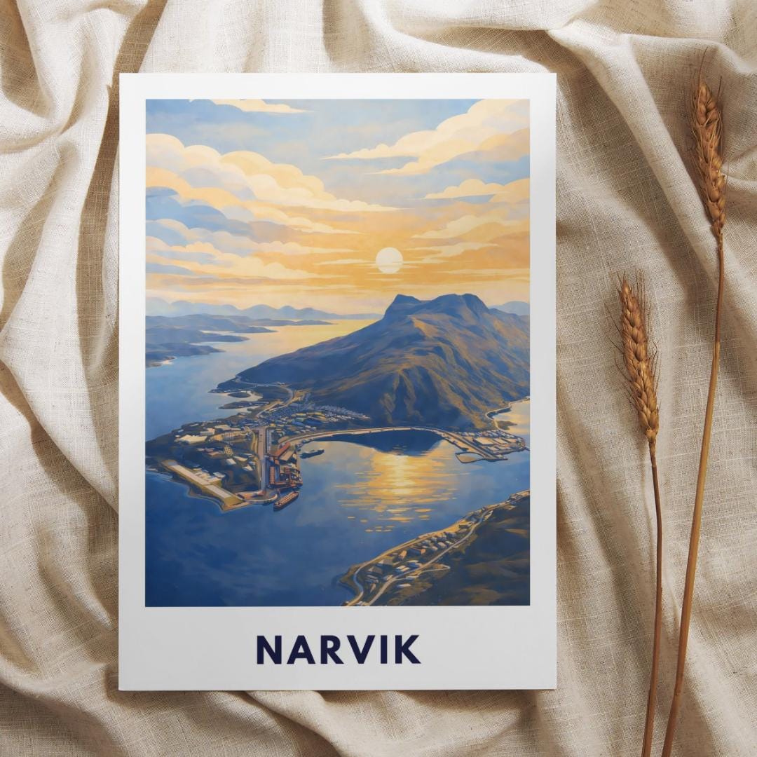 Narvik Norway Poster | Fjord Landscape | Ofotfjord | Hurtigruten Cruise | Scandinavian Travel Art | Nordic Wall Decor