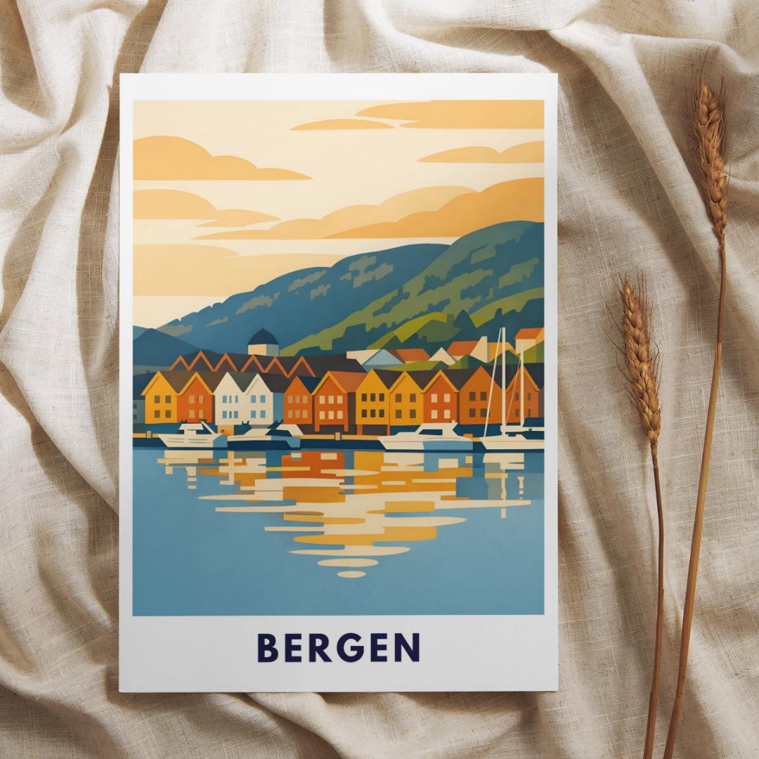 Bergen Poster | Norwegen | Bryggen Hafen | Fjord Landschaft Illustration | Skandinavien | Reiseposter | Travel Art | Maritim | Wandbild