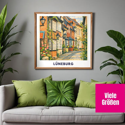 Lüneburg Altstadt Poster | Historische Gassen & Fachwerk | Norddeutsche Stadtillustration | Wandbild Stadt, Reise Poster Souvenir