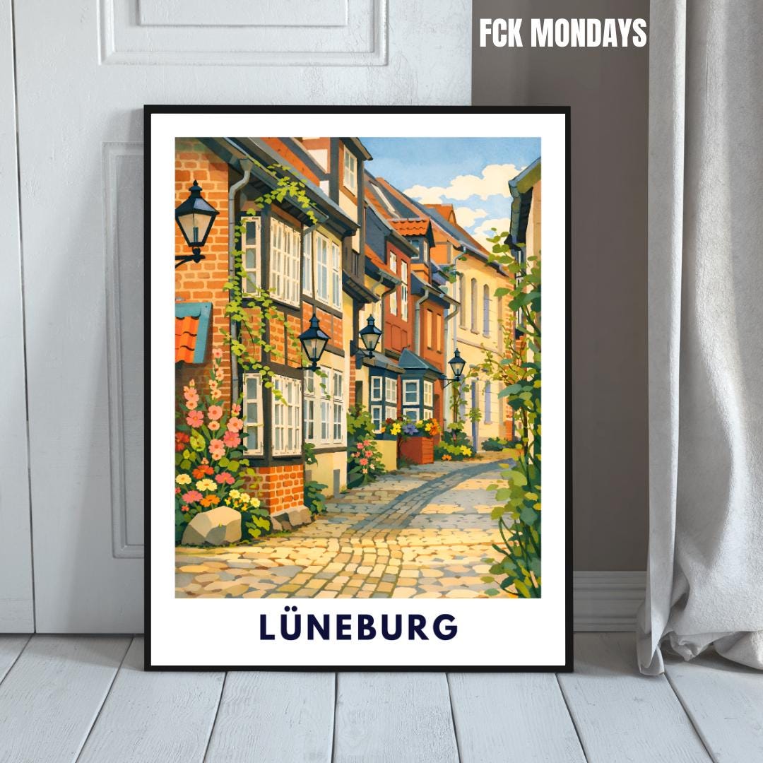 Lüneburg Altstadt Poster | Historische Gassen & Fachwerk | Norddeutsche Stadtillustration | Wandbild Stadt, Reise Poster Souvenir
