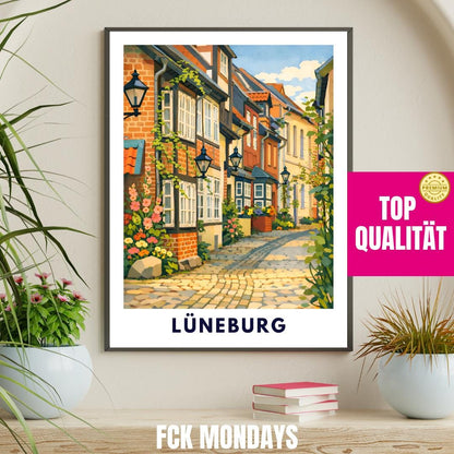 Lüneburg Altstadt Poster | Historische Gassen & Fachwerk | Norddeutsche Stadtillustration | Wandbild Stadt, Reise Poster Souvenir